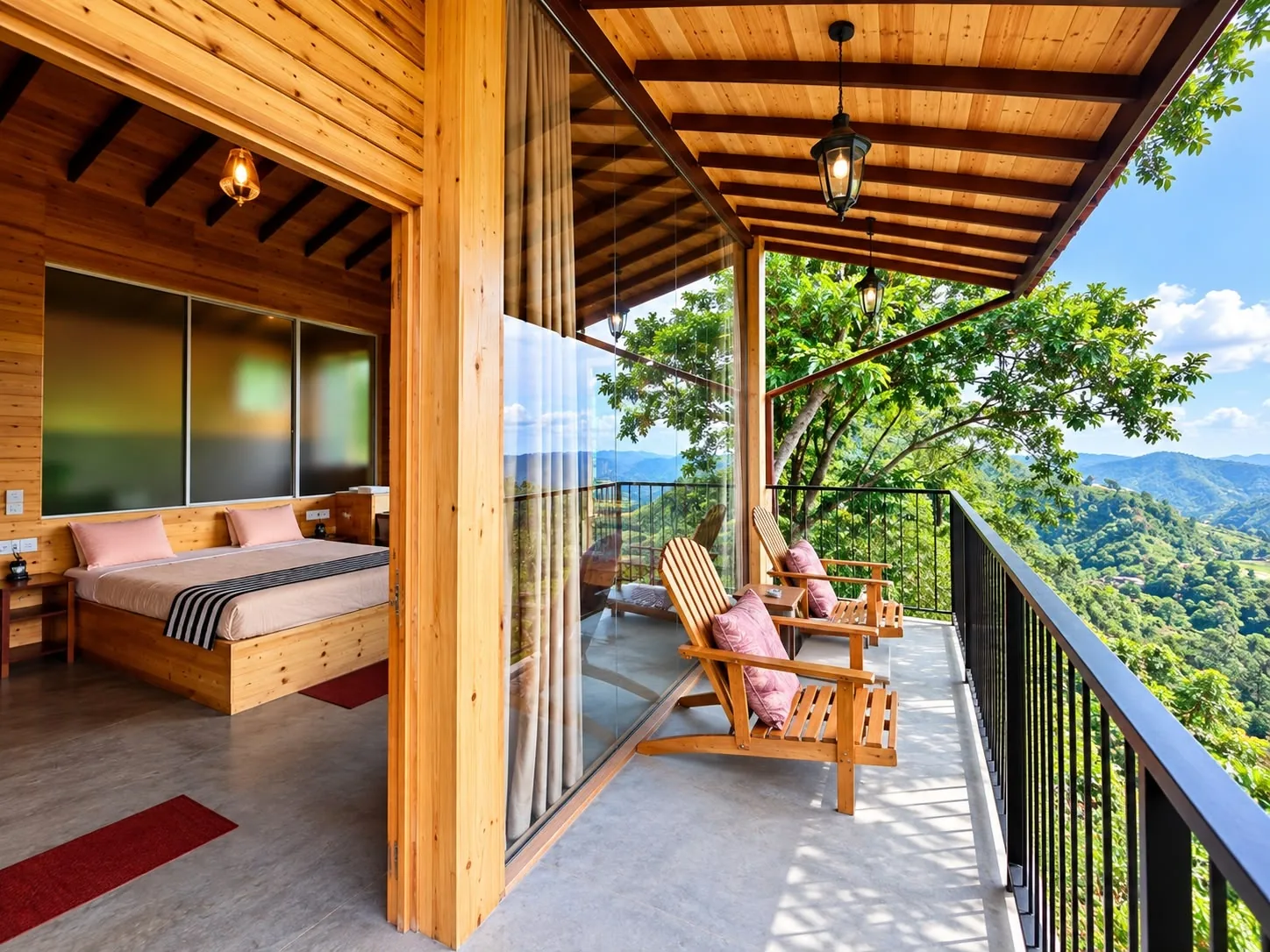 Country Homes timber room and veranda with balcony chairs and lush green mountain views