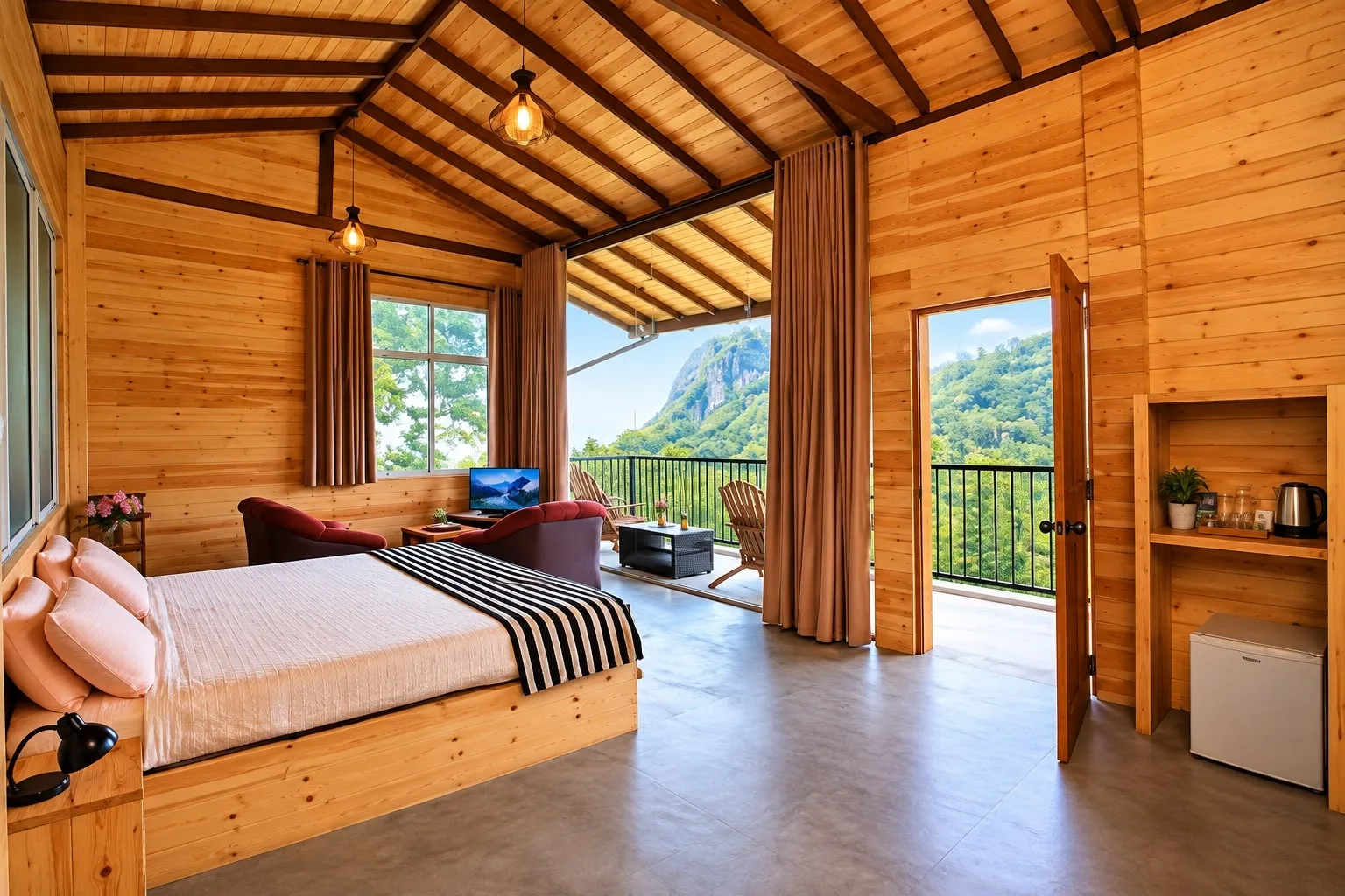 Spacious timber bedroom at Country Homes Ella with a striped bed, exposed roof beams and mountain-facing windows