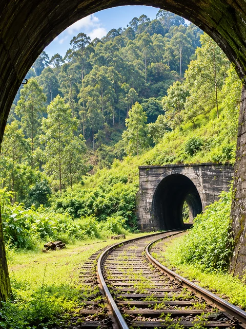 Realistic re-creation of Demodara’s curved railway track viewed through the weathered tunnel arches