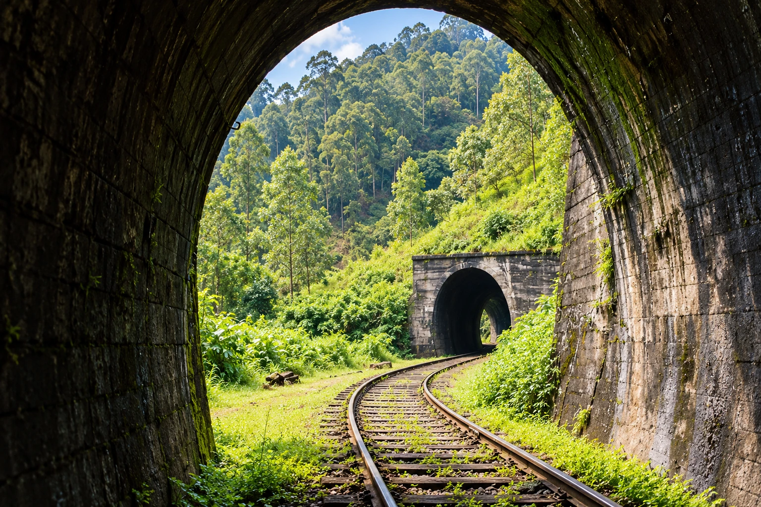 Realistic re-creation of Demodara’s curved railway track viewed through the weathered tunnel arches