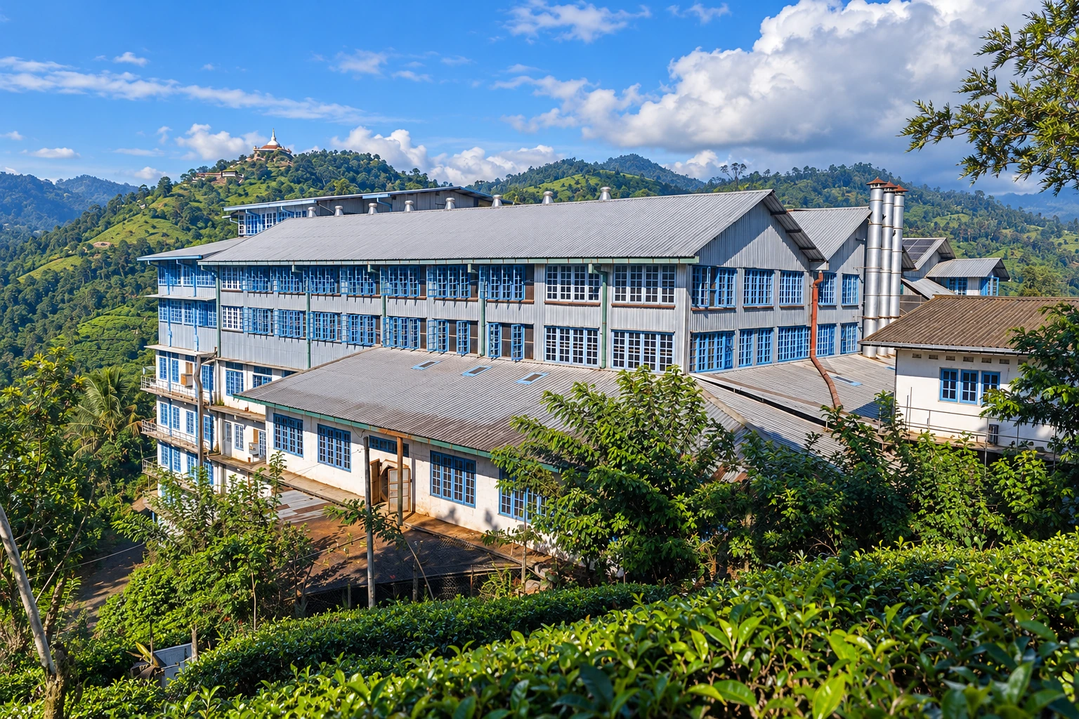 Realistic re-creation of Uva Halpewatte Tea Factory with blue-framed windows on the green hills near Ella
