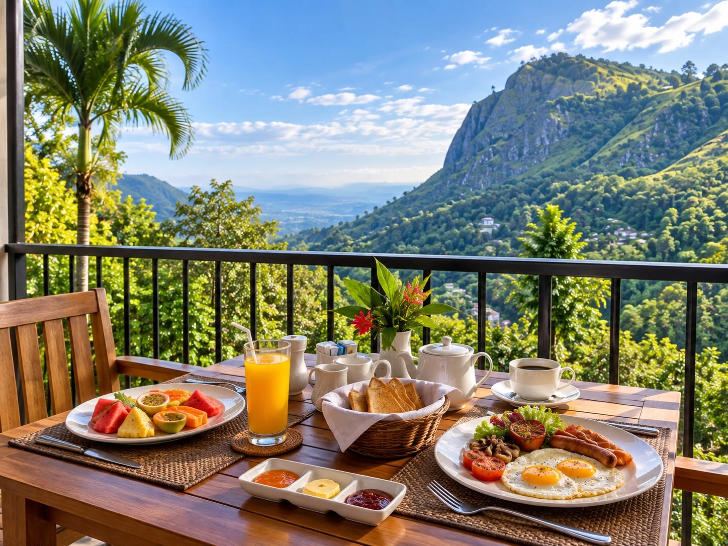 Fruit, toast, eggs, tea and juice on a wooden balcony table with the Ella mountains beyond