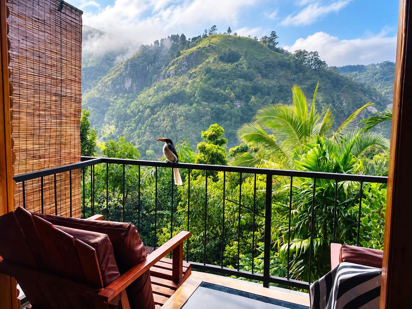 Quiet Country Homes balcony with wooden chairs, a bird perched on the railing and lush hills beyond