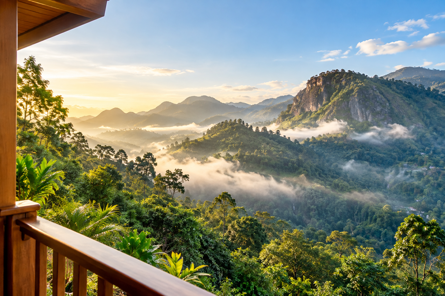 Editorial illustration of warm timber balcony details overlooking misty green hills in Sri Lanka’s hill country at sunrise.