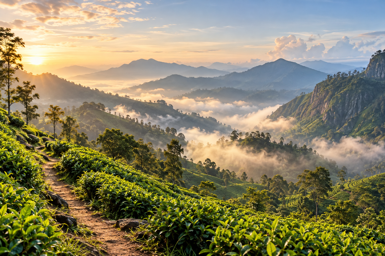Sunrise light over layered green hill-country ridges and tea fields, with a narrow path in the foreground and mist drifting through the valley.