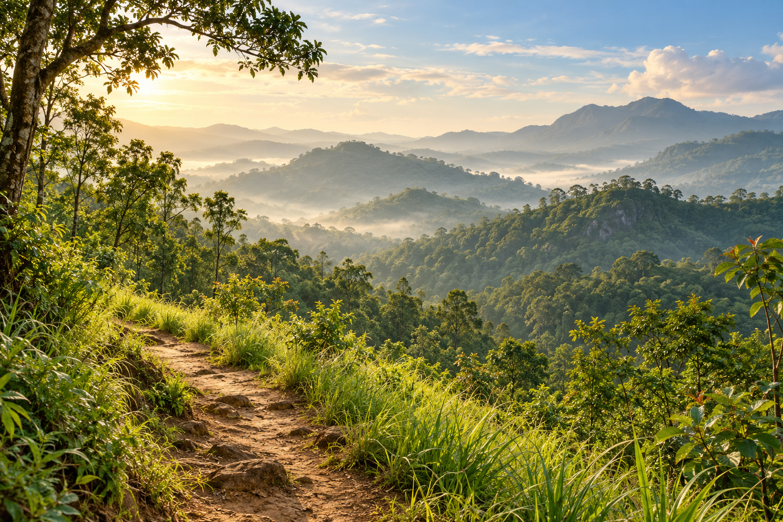 AI-generated illustration of a quiet earth path and layered green Sri Lankan hill-country scenery in soft morning light.