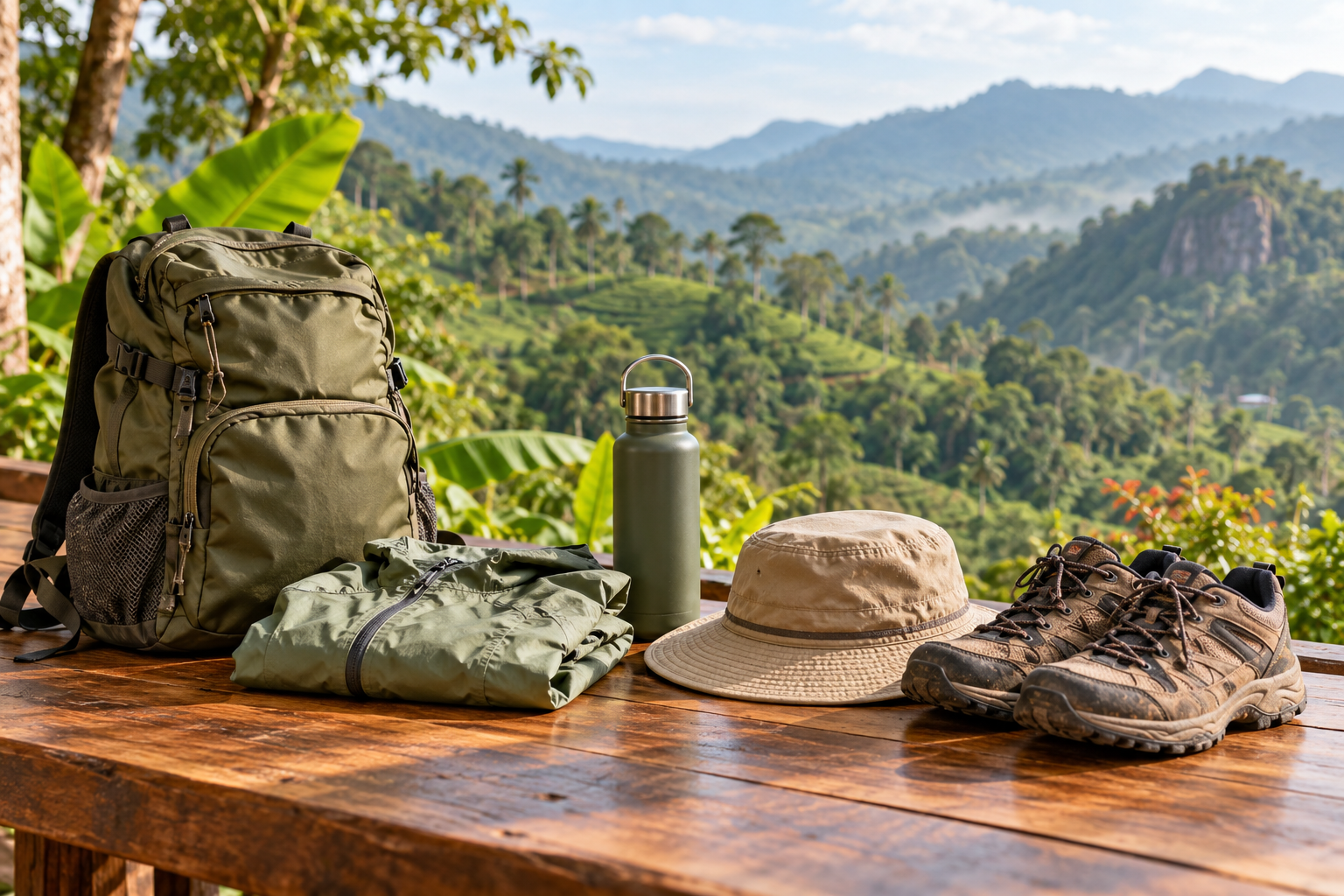 Illustrative packing scene with an olive daypack, walking shoes, rain jacket and water bottle against soft hill-country greenery.